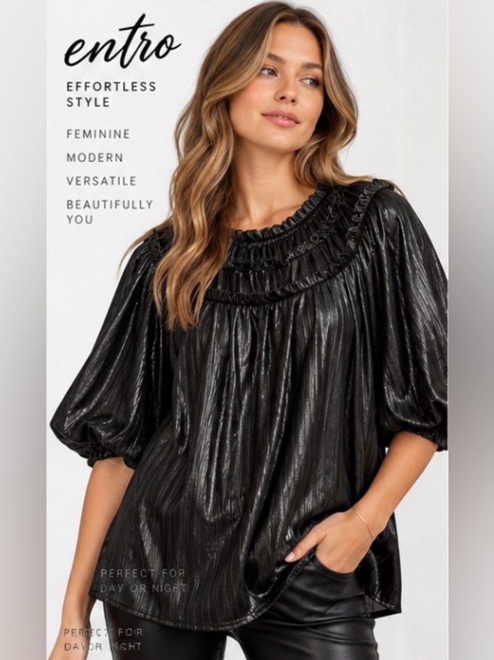 ENTRO Black Metallic Ruffle Puff Sleeve Blouse NWT Large